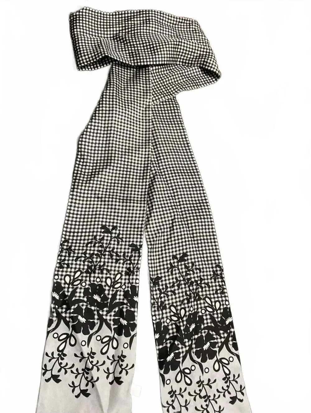 Talbots Black and White Silk Scarf with Floral and Checkered Pattern